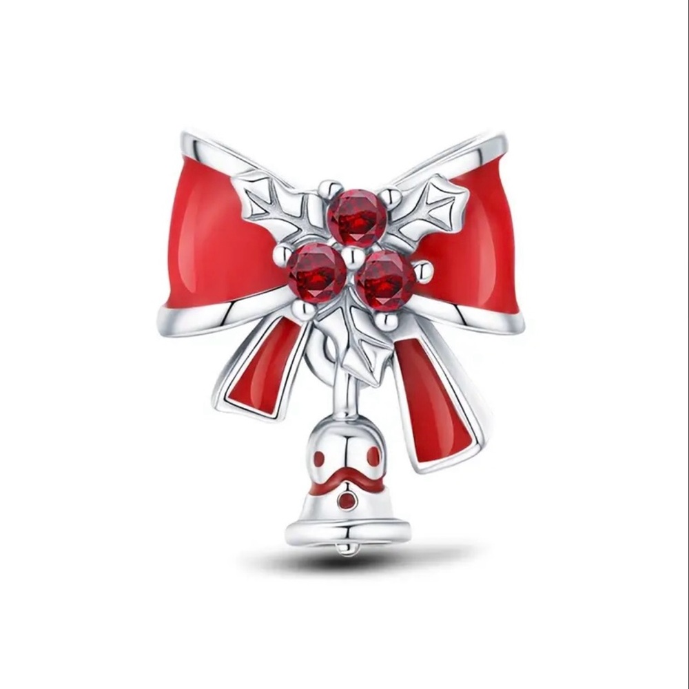 Elegant Red Christmas Bow and Bell 925 Sterling Silver Charm